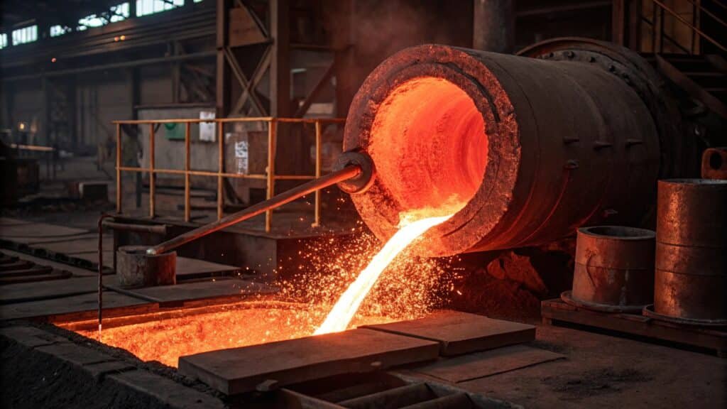 alt with keywords: piece of aluminum glowing red hot in a furnace, illustrating thermal effects